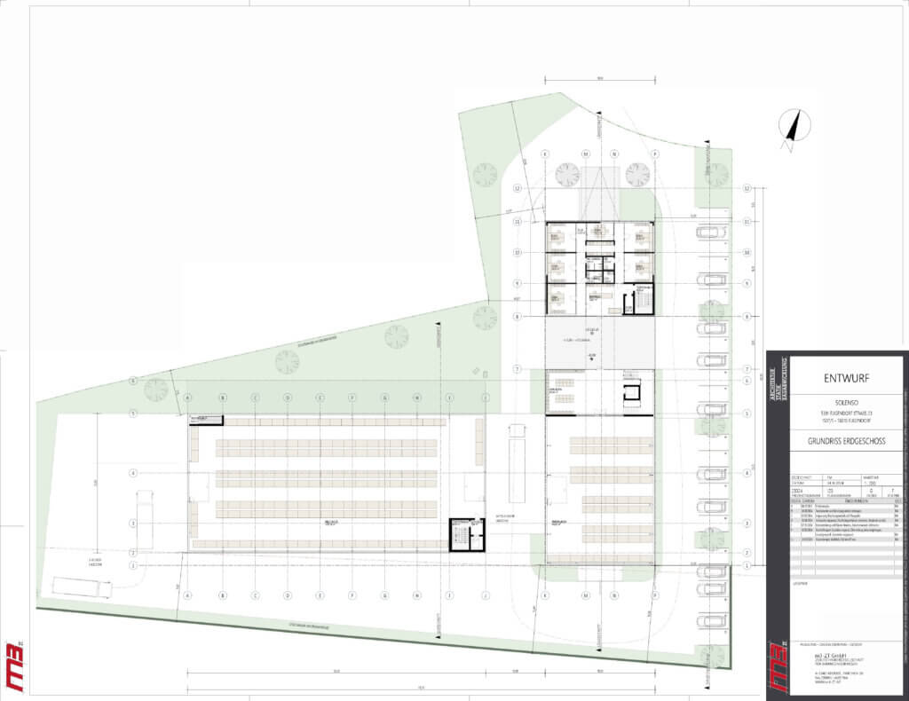 Grundriss des Europacenters für erneuerbare Energien mit Büro- und Ladeflächen.