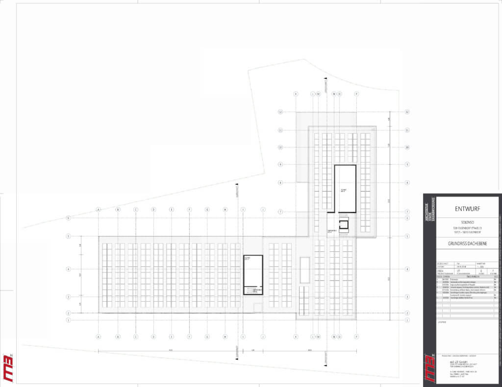 Grundrissentwurf für das Europacenter, zeigt Parkplatz und Gebäudeanordnung.