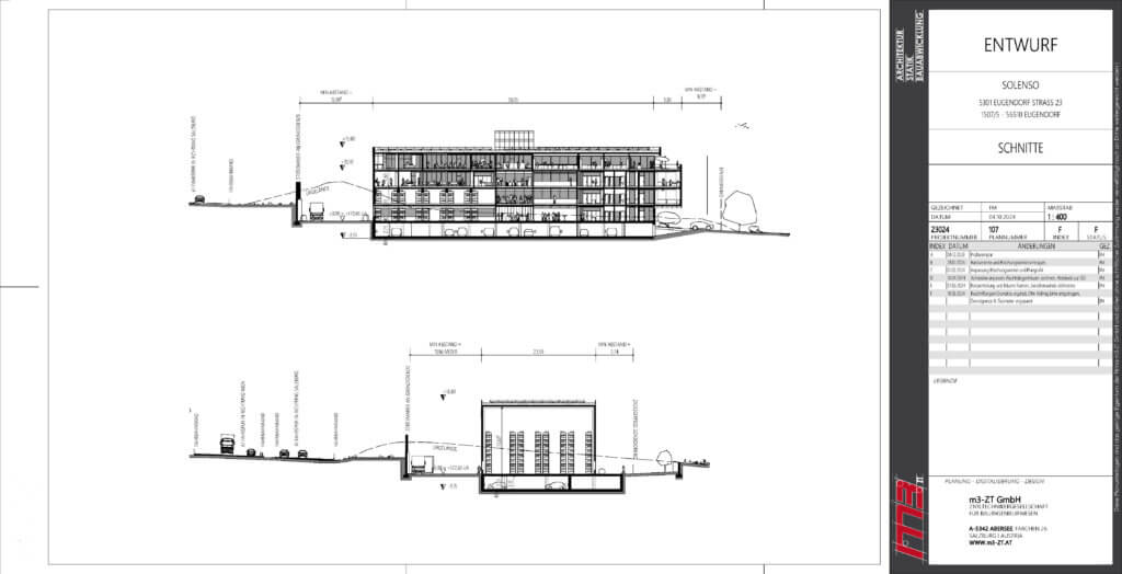 Schnittdarstellung eines modernen Gebäudes für erneuerbare Energien mit Büros und Ladepark.
