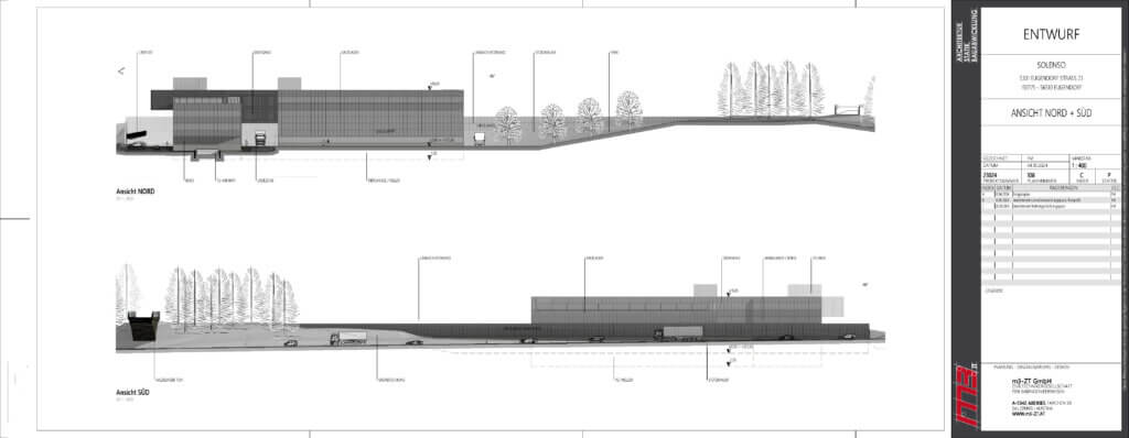 Architektonische Entwürfe des Europacenters für erneuerbare Energien mit Flussdiagramm.